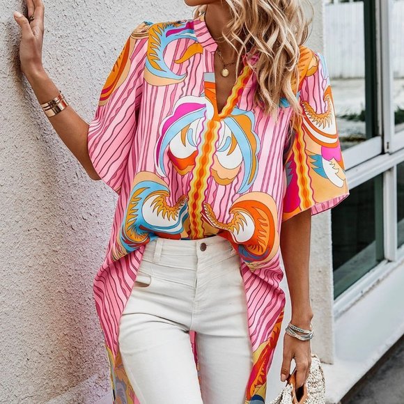 Multicolor Boho Womens Notched Neckline Butterfly Sleeve High Low Hem Blouse - Picture 5 of 5